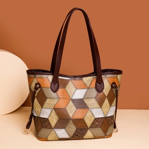 Fashionable Women Tote Bag With Pouch Geometric Color Block PU Leather Large Capacity Casual Daily Shoulder Handbag