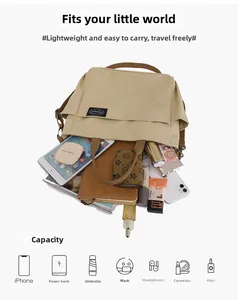 Détail du grand sac cabas en toile kaki montrant l'espace pour tablette et accessoires
