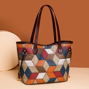 Minimalist geometric patchwork tote bag with colorful PU leather and slim straps