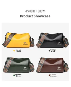 Four colors of soft PU leather crossbody bags with patterned wide fabric straps