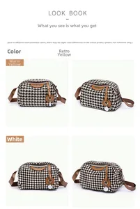 Detail view of houndstooth crossbody bag featuring leather trim and adjustable strap