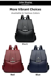 Detailed comparison of leather backpacks in black, red, and blue with metal kangaroo logos