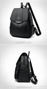 Detail of black pebbled leather texture with floral metal buckle on a stylish backpack