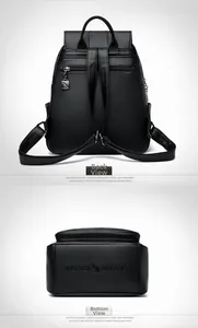 Detail of black pebbled leather backpack showing anti-theft back zip and adjustable straps