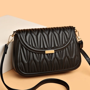 Elegant black pleated PU leather crossbody bag with chic golden rectangular metal plate