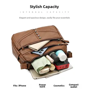 Top view of spacious multi-pocket crossbody bag with compartments for essentials