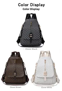 Trois sacs à dos en cuir PU avec imprimé trèfle en noir, marron et blanc classiques