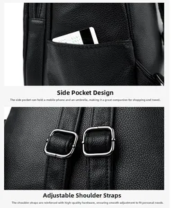 Detail of side pockets for umbrella and adjustable shoulder straps with metal hardware