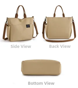 Vue en trois angles d'un sac cabas en toile kaki avec poches frontales et anses marron tissées