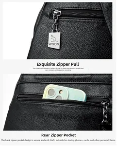 Detail of lychee textured leather backpack with gold-tone hardware and anti-theft back pocket
