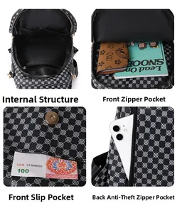 Détails d'un sac à dos en cuir avec zips dorés et plusieurs poches intérieures