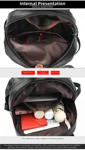 Internal compartments of black PU leather backpack showing storage for tablet and umbrella
