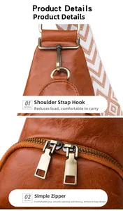 Detail view of bronze swivel hooks and smooth double zippers on brown leather bag