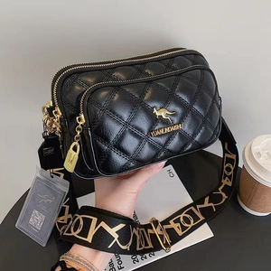 Women Quilted Crossbody Bag Multi Layer Triple Zipper PU Leather Shoulder Bag With Wide Strap Fashion Casual