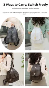 Détail du sac à dos en similicuir à carreaux montrant 3 modes: épaule, main et sac à dos