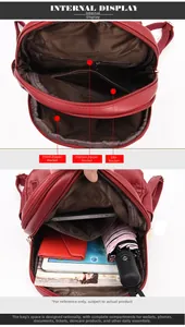 Detailed view of the red leather backpack interior with organized storage compartments