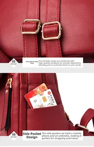 Detail view of red pebble leather backpack featuring adjustable strap and side pocket