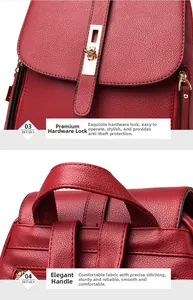Close-up of golden anti-theft lock and reinforced handle on dark red leather backpack