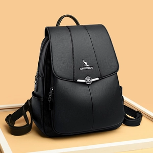 Women Fashion Backpack PU Leather Litchi Pattern Retro Casual Travel Bag With Flower Buckle Multi-Pocket Waterproof