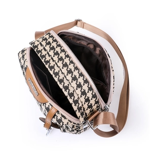 Classic houndstooth canvas shoulder bag with multi-compartment interior and brown leather trim