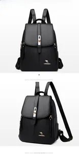 Detail of black pebbled leather backpack with gold anti-theft buckle and kangaroo logo