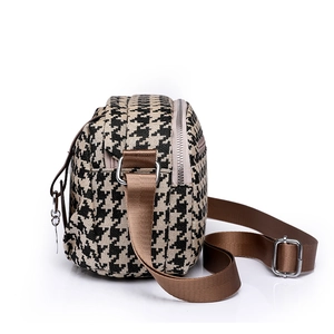 Houndstooth canvas crossbody bag for women with brown shoulder strap and double zip