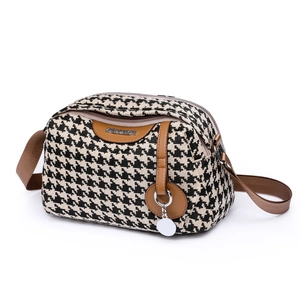 Fashion houndstooth canvas shoulder bag with dual compartments and wide brown strap