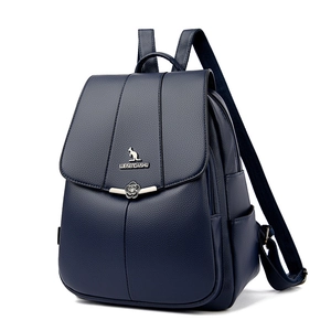 Fashionable dark blue PU leather backpack for women with pebble texture and kangaroo logo