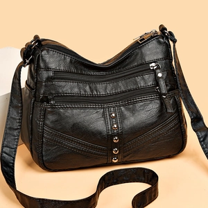 Women Crossbody Bag Soft PU Leather Multi Zipper Pockets Retro Rivet Adjustable Shoulder Strap Casual Fashion