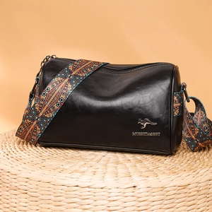 Women Crossbody Shoulder Bag PU Leather Barrel Boston Cylindrical Wide Ethnic Strap Casual Fashion