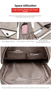 Detailed interior view of a beige nylon backpack showing multi-layer storage compartments