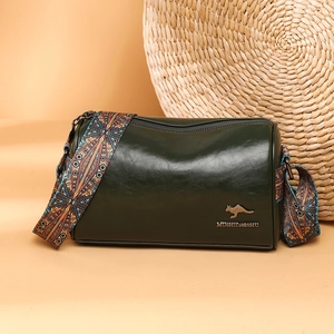 Dark green barrel crossbody bag with stylish geometric pattern wide strap in PU leather