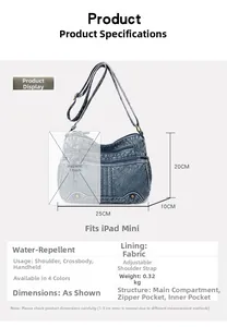 Detailansicht der Denim-Umhängetasche mit Multi-Pocket-Struktur und 7,9-Zoll-iPad-Kapazität
