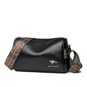Chic black PU leather Boston crossbody bag with colorful geometric patterned wide strap