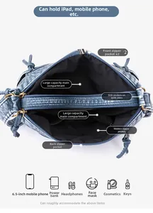 Detailansicht der blauen Handtasche mit großer Kapazität und Fächern für iPad und Alltag
