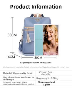 Blue nylon backpack dimensions 33x30x14cm with A4 magazine size comparison and details