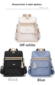 Detailed comparison of anti-theft backpacks in off-white, black, and blue waterproof nylon
