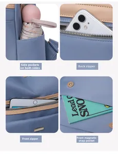 Detail view of water-resistant nylon backpack with side pockets and magnetic flap pocket