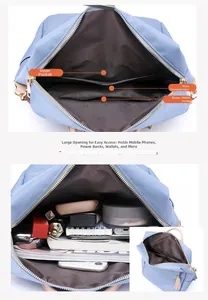 Detail view of large capacity blue nylon backpack interior with multiple pockets