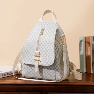 Sac à dos en cuir PU blanc avec imprimé vintage rétro et détails métalliques dorés