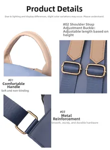 Detailed close-up of light blue travel backpack showing leather strap and gold hardware