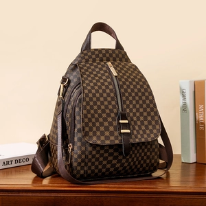 Sac à dos vintage en cuir PU marron à motifs avec fermetures éclair dorées sur bois