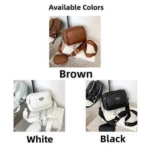 Detailed set of three-in-one quilted PU leather crossbody bags in brown, white and black