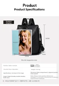 Detailed size chart of black quilted PU leather backpack with A4 magazine comparison