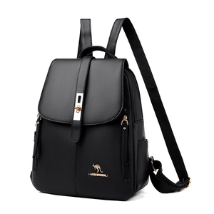 Women's black pebbled leather backpack with gold anti-theft lock and kangaroo logo