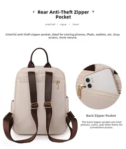 Détail de la poche antivol zippée au dos du sac à dos en tissu Oxford beige pour ordinateur
