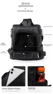 Detail view of black lychee grain PU backpack featuring multi-pocket storage and large capacity