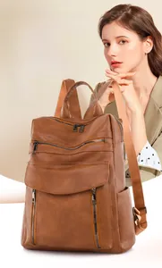 Detail view of retro brown PU leather backpack with waterproof material and zip pockets