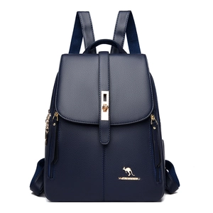 Zaino in ecopelle blu scuro con fibbia antifurto e logo a canguro dorato