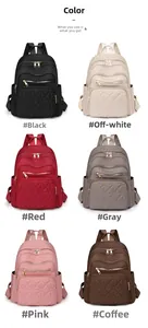 Matrix view displaying quilted backpacks in black, beige, red, grey, pink, and brown